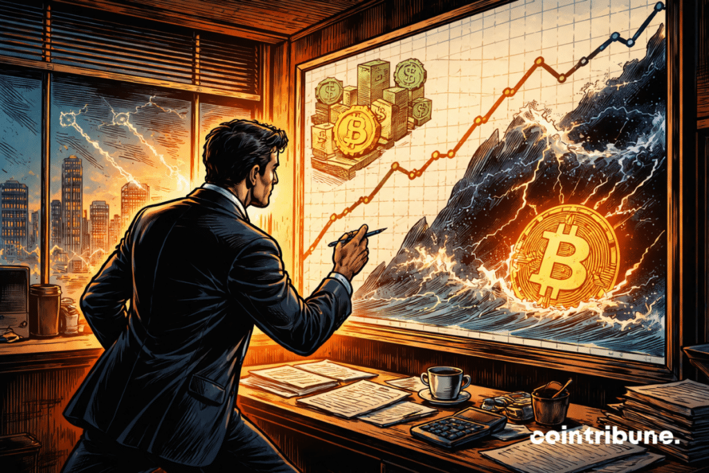 A suited financial analyst studies a glowing forecast board in a retro office, where stable market charts contrast with a stormy Bitcoin symbol crashing through the graph.