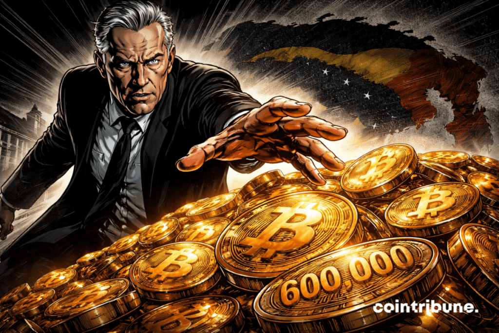 A man in a suit grabs a pile of glowing bitcoins, with “600,000” written on them.