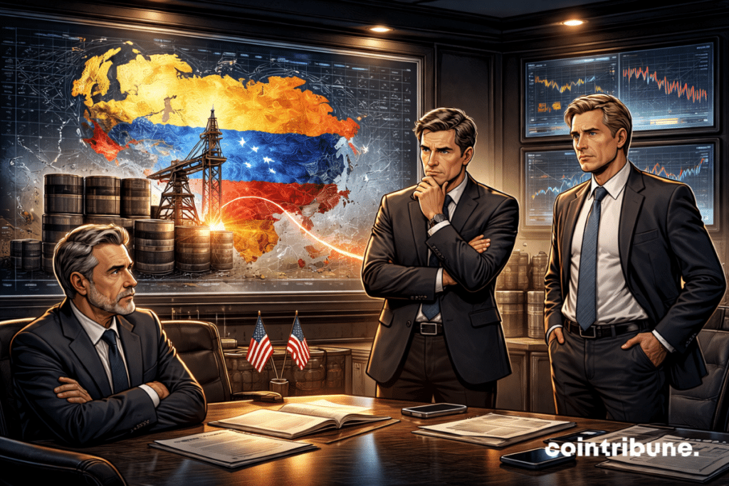 Representantes de empresas petrolíferas dos EUA aguardam enquanto uma tela exibe "Venezuela" com um gráfico estático.