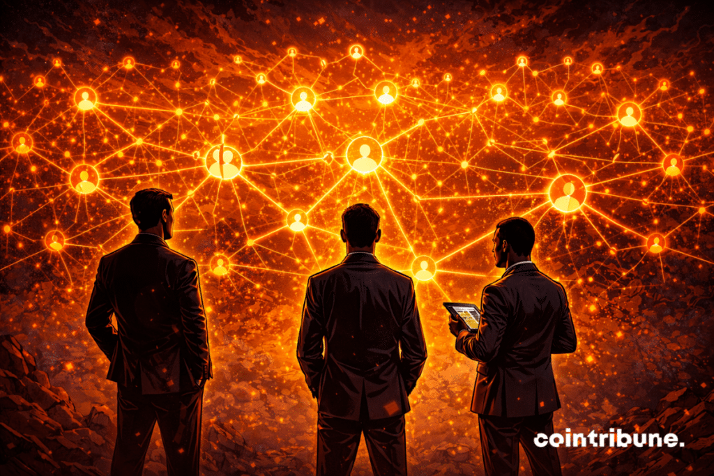 Un réseau social géant représenté comme une constellation de nœuds lumineux. Les connexions forment une toile vivante et équilibrée, ce qui symbolise la décision de Vitalik Buterin d’opter pour les réseaux décentralisés.