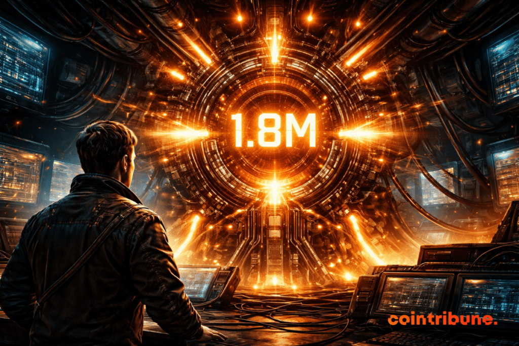 A technician stands in a dark control room facing a massive glowing orange mechanical core marked 1.8M, surrounded by cables, screens, and pulsing energy.