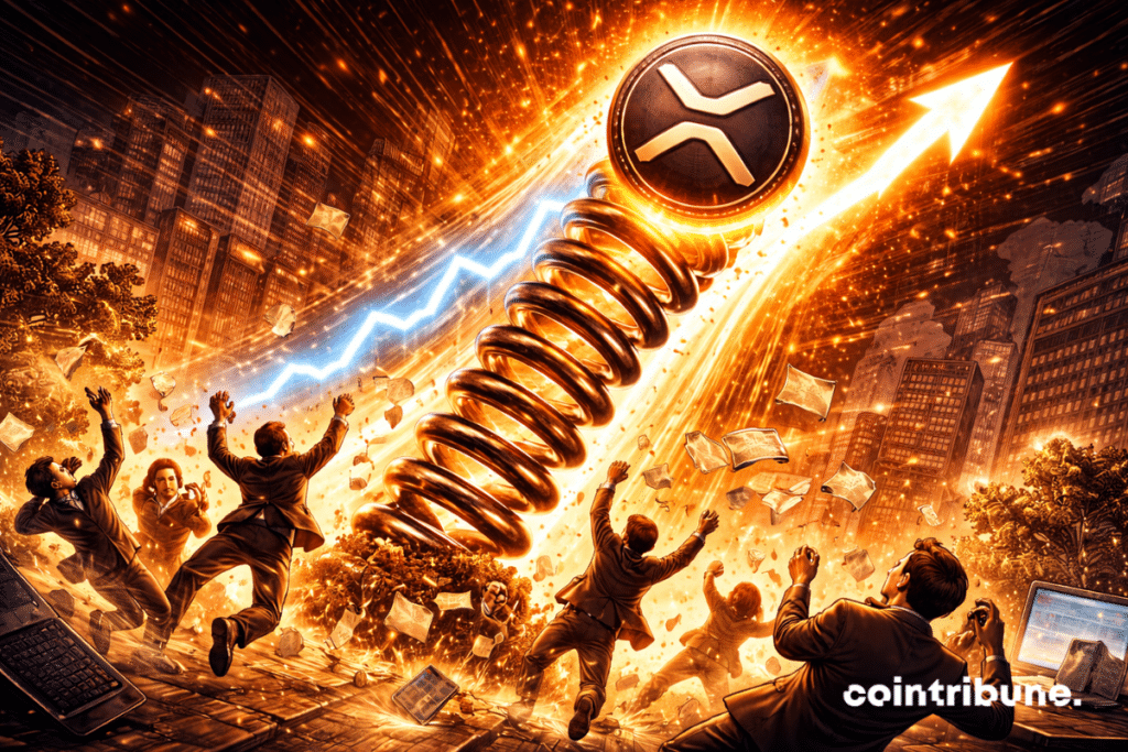 A massive spring coiled beneath the XRP logo suddenly releases, propelling the crypto upward. Below, traders are pulled up with it.