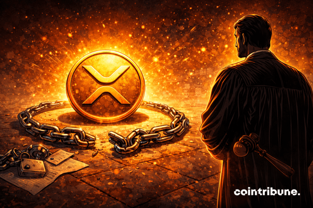 Un XRP entouré de chaînes juridiques relâchées, qui ne serrent plus l’actif. Un juge observe la crypto.
