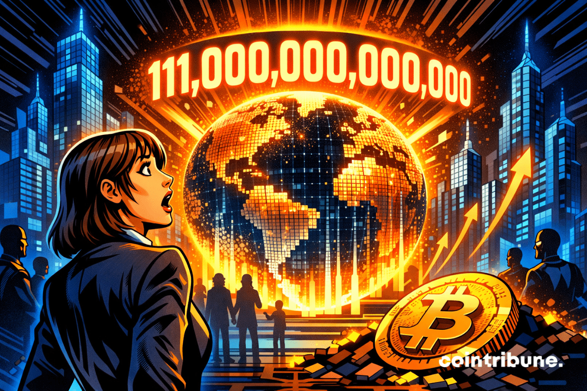 une femme en costume, bouche bée, face à un hologramme géant du globe terrestre et du chiffre 11 000 000 000 000, avec un jeton de crypto au sol, des immeubles futuristes en arrière-plan et des flèches ascendantes symbolisant la croissance de la finance tokenisée.
