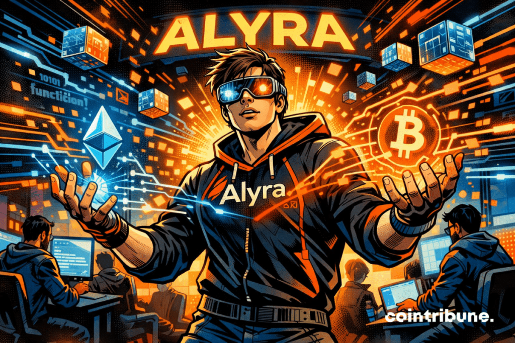 Un étudiant en programmation vêtu d’un sweat Alyra fait léviter les symboles d’Ethereum et de Bitcoin dans un environnement numérique futuriste rempli de code, d’écrans et de cubes technologiques flottants.
