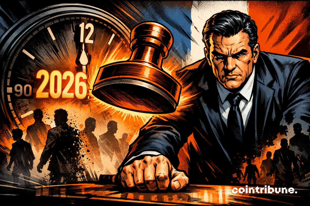 Une figure d’autorité incarnant le régulateur crypto français, poing fermement posé sur une table, prêt à frapper