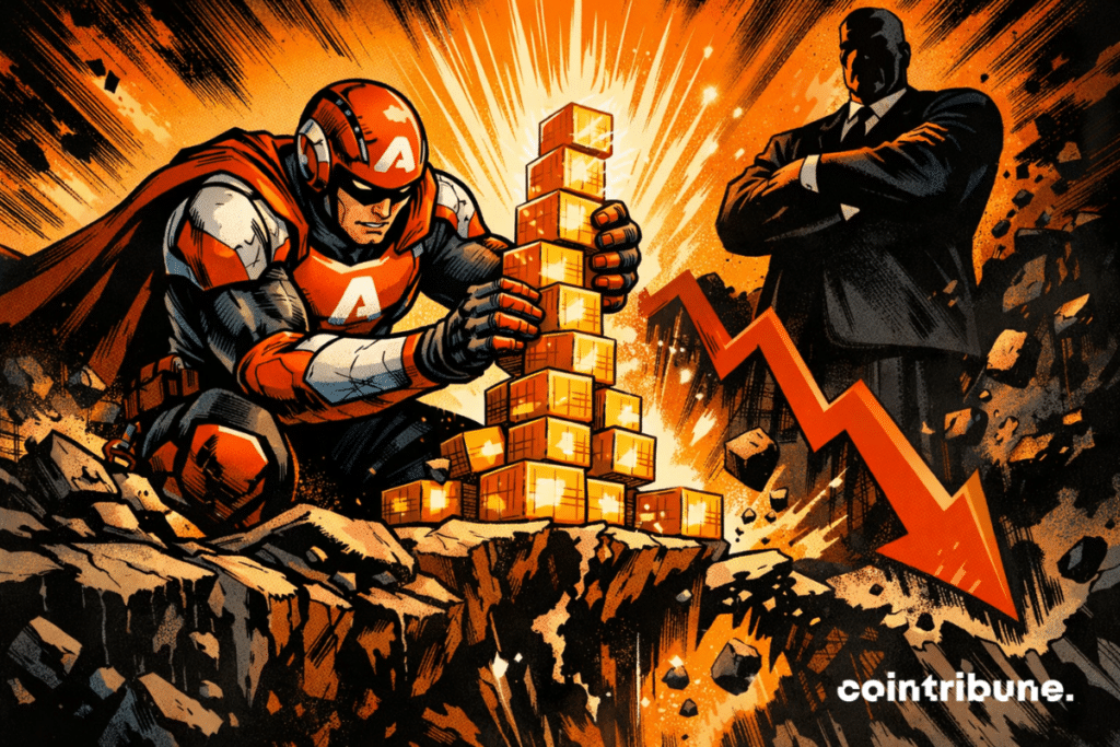 El héroe Avalanche apila bloques tokenizados luminosos mientras el suelo se derrumba, la silueta institucional observa, paradoja masiva y caída del precio de AVAX.