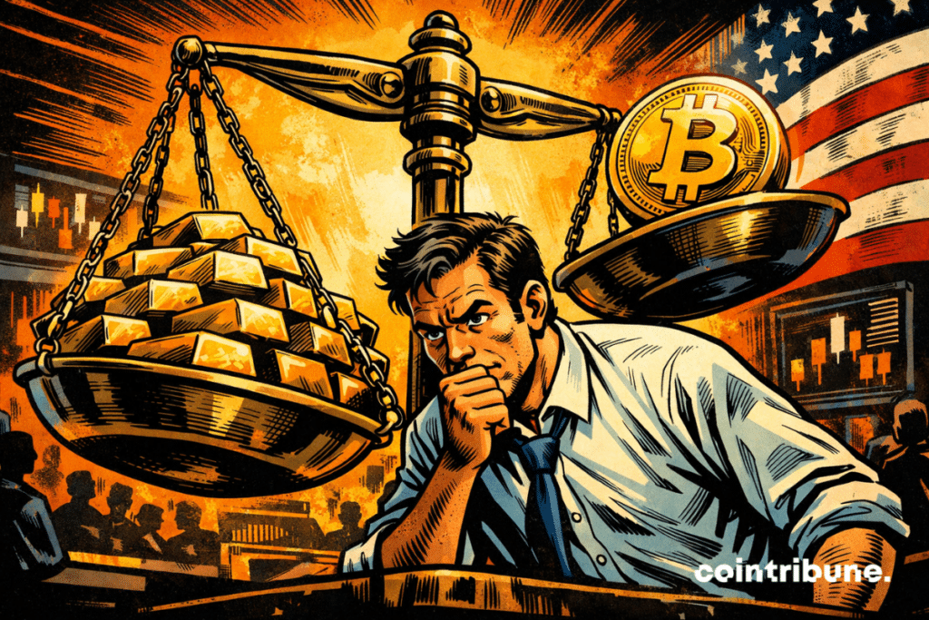 Investisseur hésitant face à une balance opposant or et bitcoin