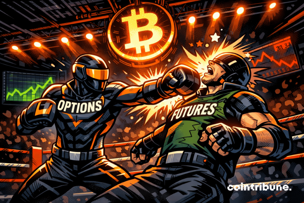 Comic-style illustration of a boxing match between two futuristic fighters: one labeled “OPTIONS” punches the other labeled “FUTURES.” A glowing Bitcoin symbol shines above the ring, with price charts in the background showing volatility.