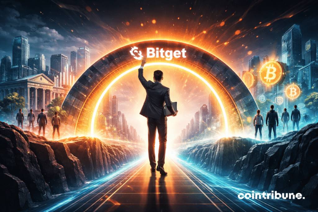 Un hombre con traje levanta la mano mientras atraviesa un portal luminoso con el logo de Bitget, avanzando hacia una ciudad futurista donde flotan íconos de Bitcoin, simbolizando el camino hacia la adopción de las criptomonedas.
