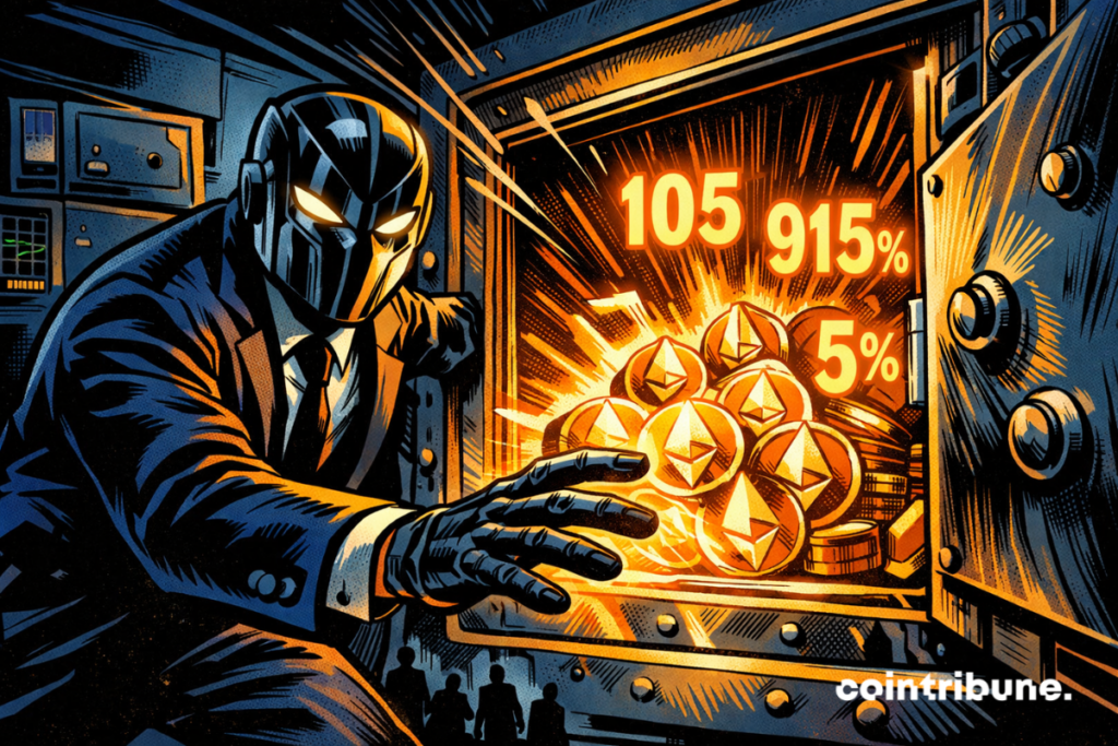 A masked figure opens a vault radiating Ethereum, explosive figures illuminated.