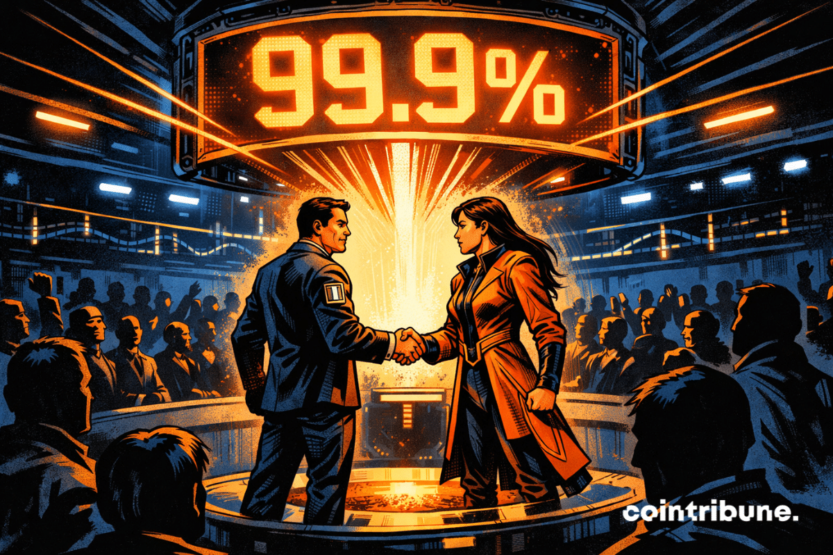 Deux figures crypto se serrent la main sous un écran affichant 99.9 %, devant une foule