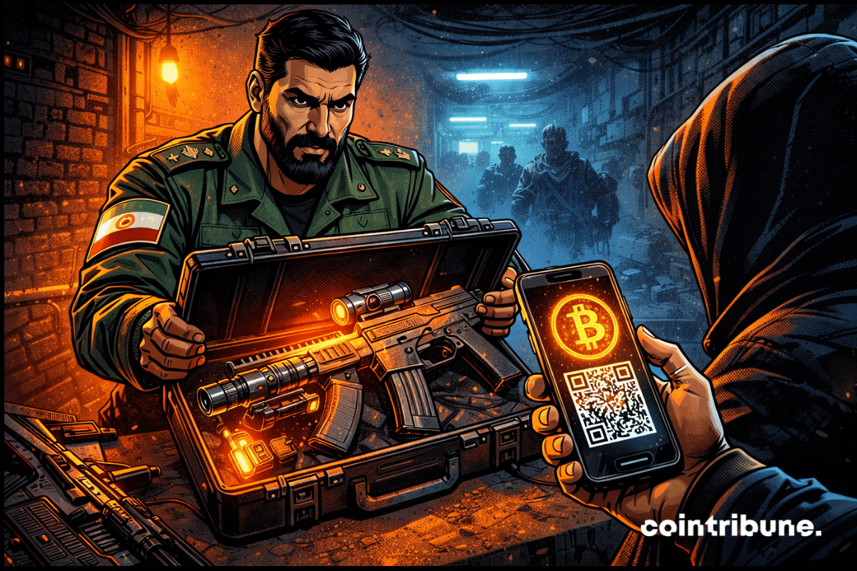 un officier iranien en uniforme militaire ouvre une mallette remplie d’armes sophistiquées, dont un drone de combat. En face de lui, un homme en costume tient un smartphone affichant un portefeuille crypto avec une transaction en Bitcoin.