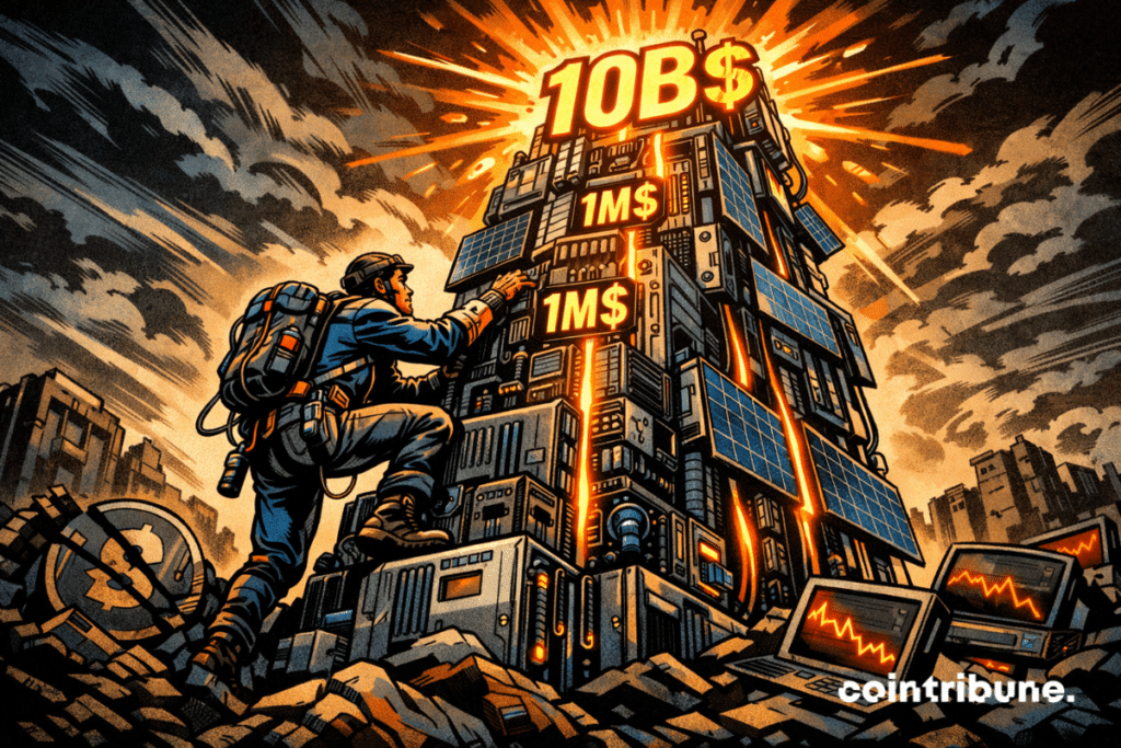 A worker climbs a crypto tower toward a blazing summit