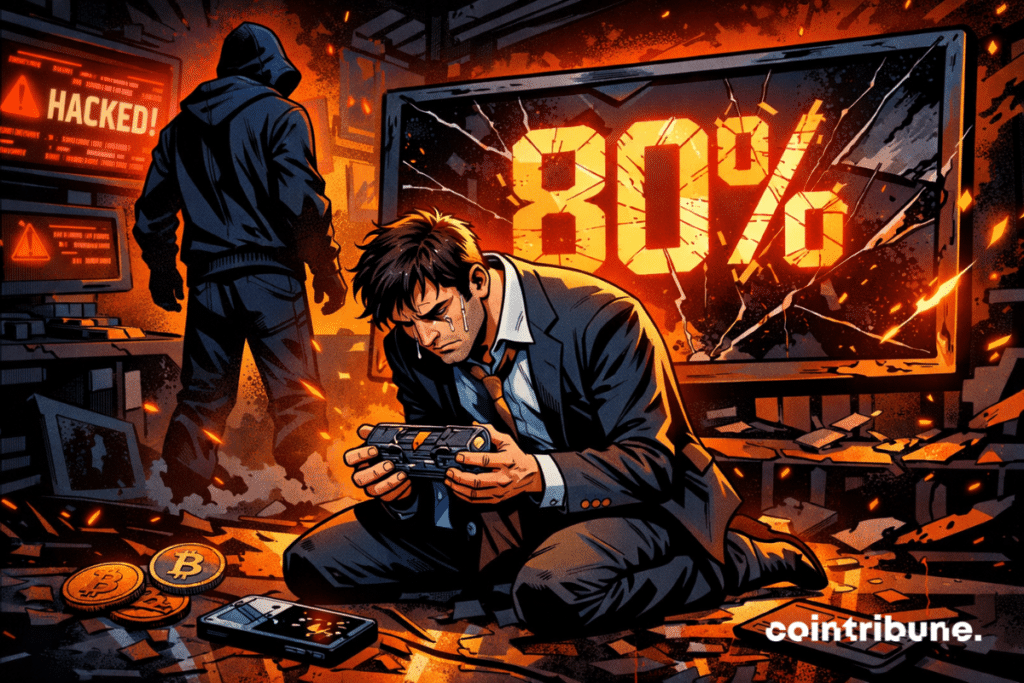 Un entrepreneur crypto à genoux dans un bureau ravagé, dévasté après une attaque informatique : 80 % des projets piratés ne s’en relèvent jamais.