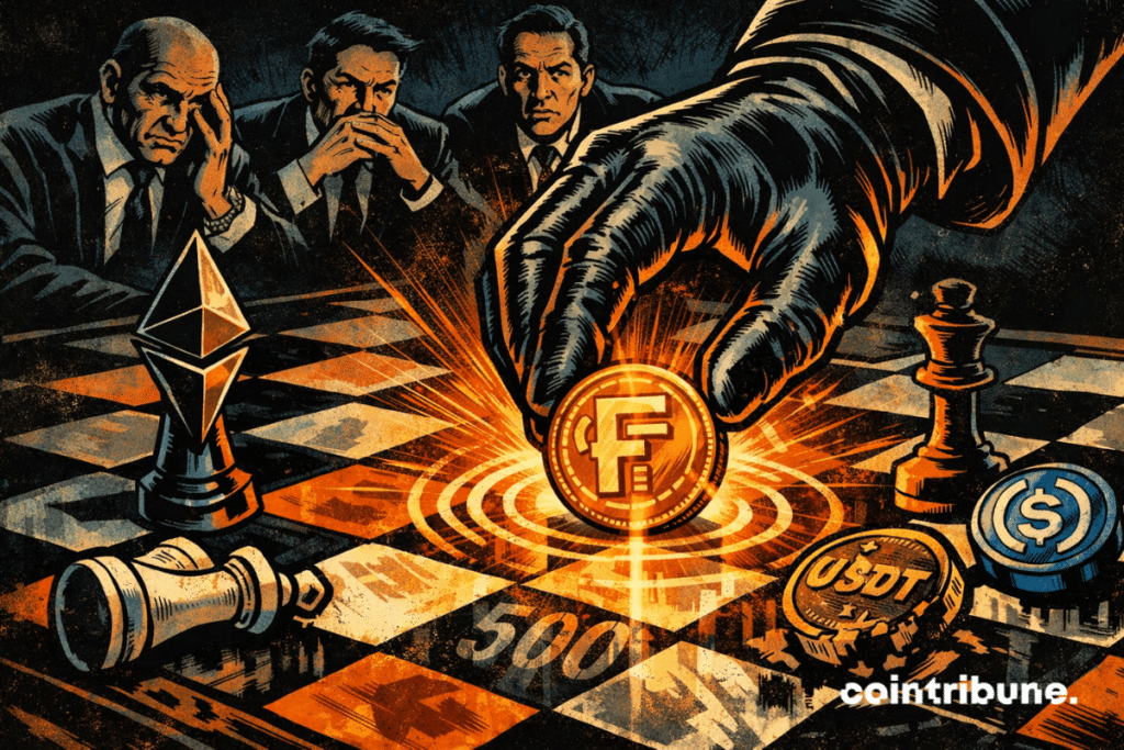 Main gantée posant un jeton FIDD sur un échiquier Ethereum