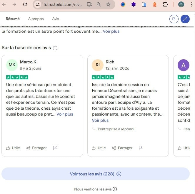 Quelques avis d'apprenants satisfaits de leur parcours consulting et développement blockchain et IA chez Alyra