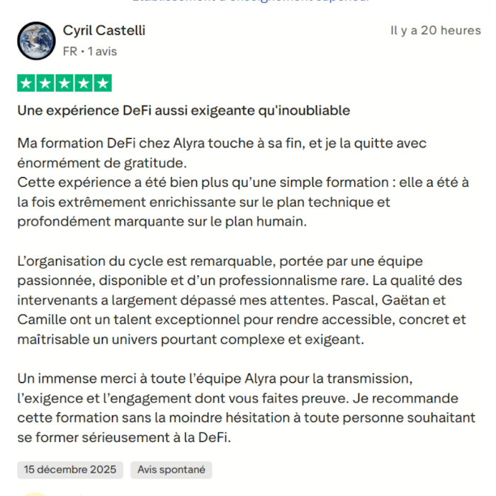 Témoignage vibrant de l'apprenant Cyril Castelli à la fin de sa formation DeFi chez Alyra