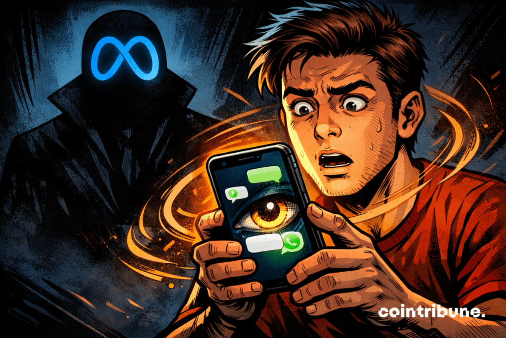 Homme choqué regardant un smartphone avec un œil espion sur l’écran, silhouette Meta en arrière-plan.