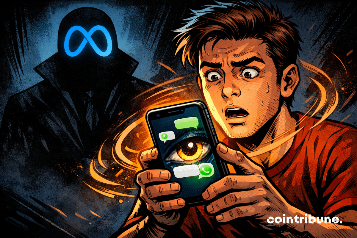 Homme choqué regardant un smartphone avec un œil espion sur l’écran, silhouette Meta en arrière-plan.