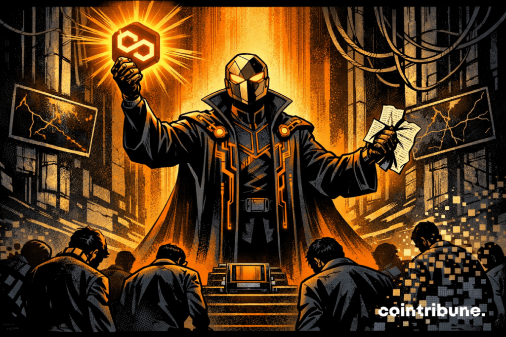 Sacred masked crypto figure coldly firing workers inside a high-tech temple