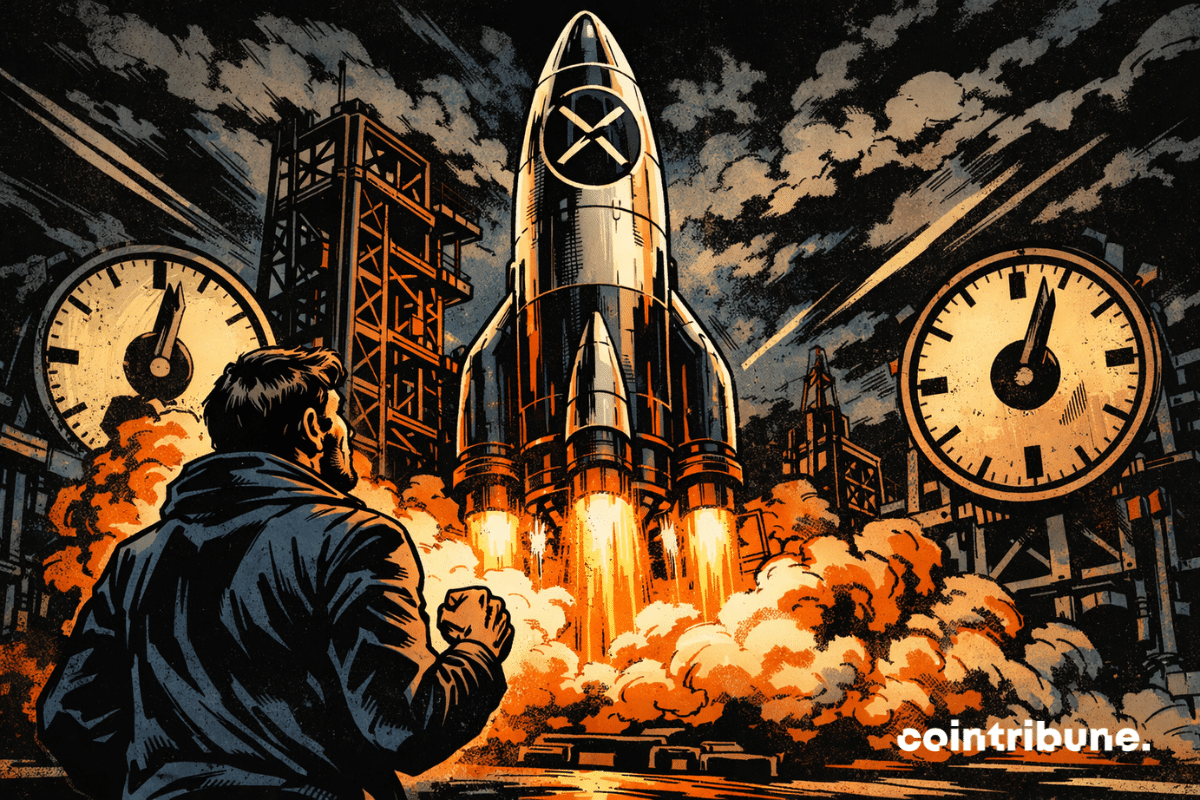 Un investisseur crypto observe une fusée XRP, prête à décoller