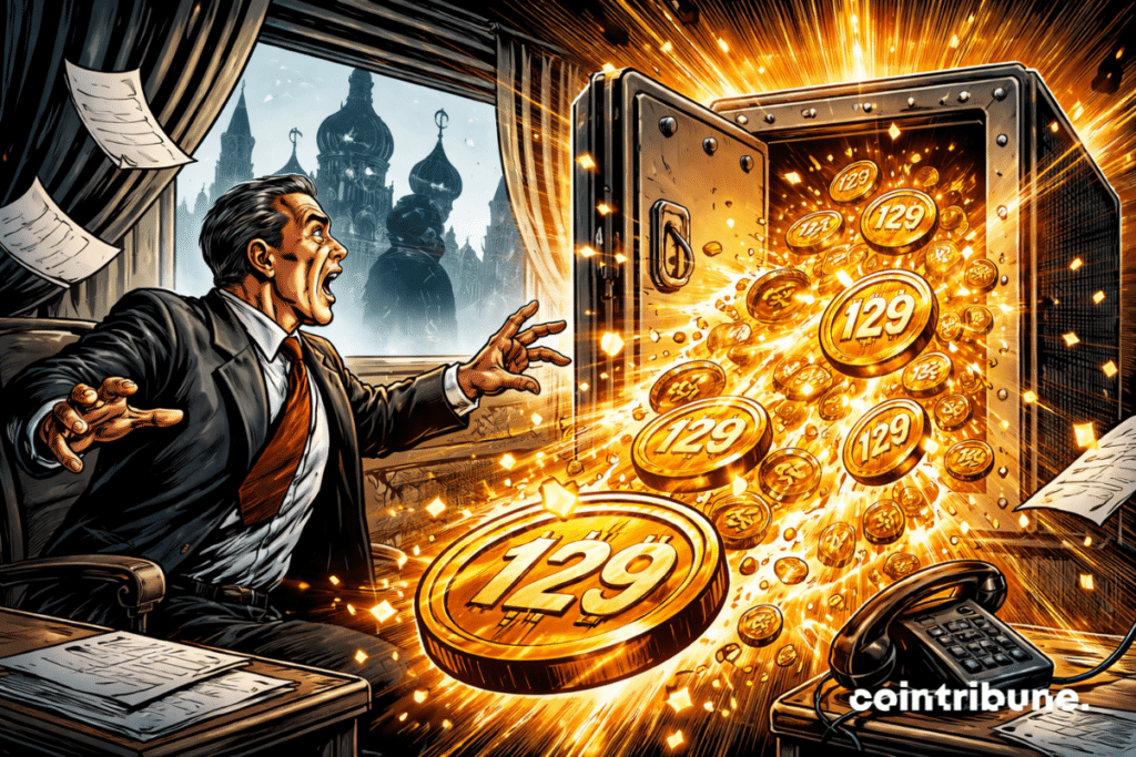 Ilustración de un funcionario sorprendido frente a una caja fuerte rebosante de monedas que simboliza los flujos masivos de criptomonedas en Rusia.