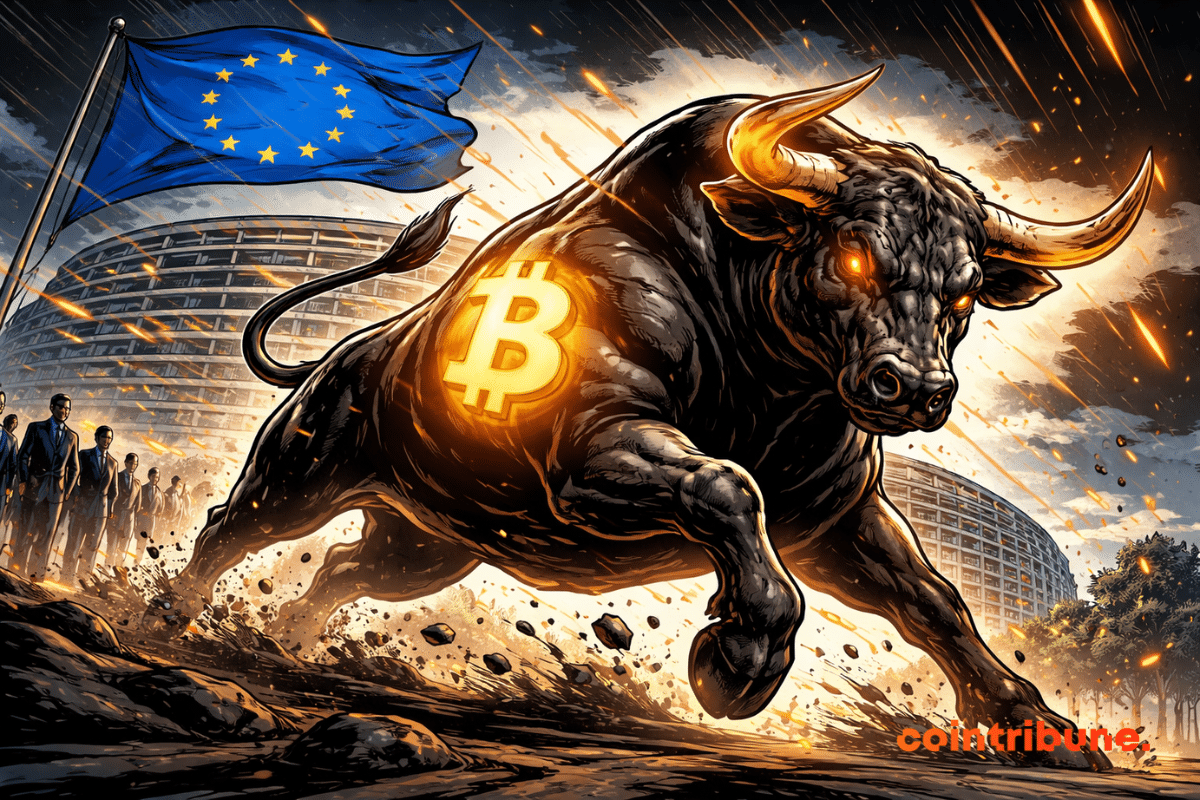 Un puissant taureau noir arborant un symbole Bitcoin orange vif charge devant le Parlement européen sous un drapeau européen flottant et un ciel orageux.