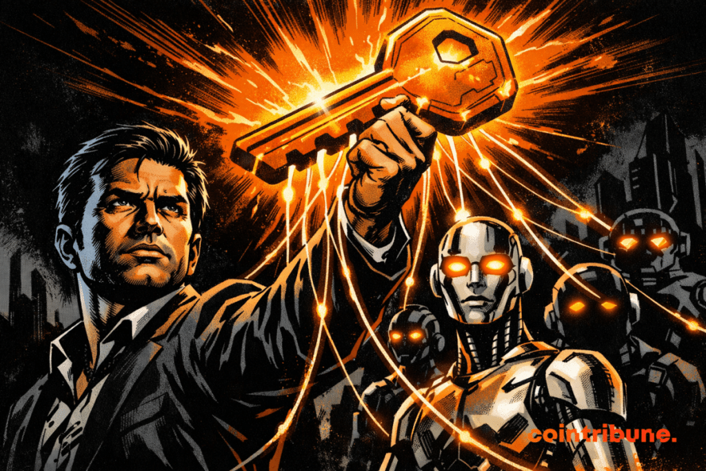 El control de la IA está simbolizado por un hombre decidido con un traje oscuro que levanta una llave naranja brillante que envía líneas de energía brillantes hacia un grupo de robots humanoides con ojos iluminados en una dramática escena cómica en negro y naranja.