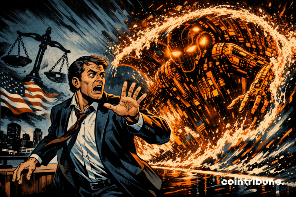 AI looms as a giant glowing orange humanoid made of circuits surges toward a terrified businessman, with broken scales of justice and a U.S. flag in the background.