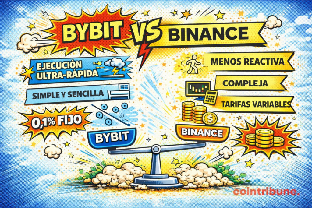 Infografía comparando Bybit y Binance en velocidad de ejecución, simplicidad de la interfaz y estructura de tarifas de trading.