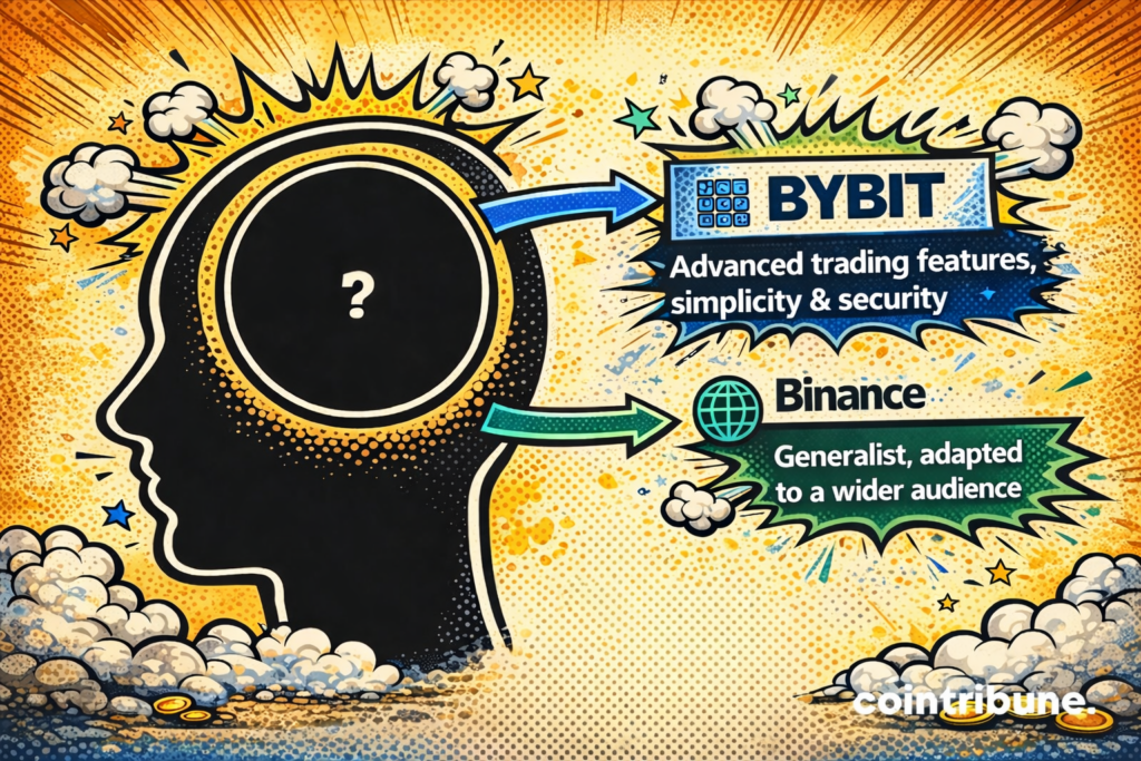 Infographic showing a comparison between Bybit and Binance, emphasizing advanced trading features, interface simplicity, and generalist positioning.