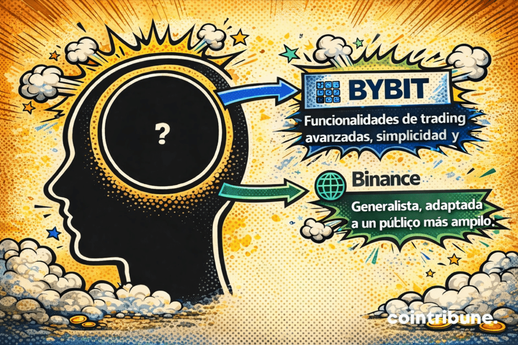 Infografía comparando Bybit y Binance, destacando funciones avanzadas de trading, simplicidad, seguridad y posicionamiento más generalista.