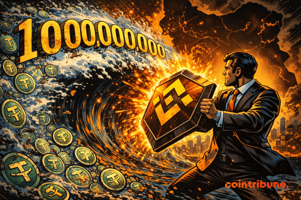 Homme déterminé brandissant bouclier Binance, stoppant vague géante de 1 000 000 000 USDT, explosion orange, carte sombre en arrière-plan.