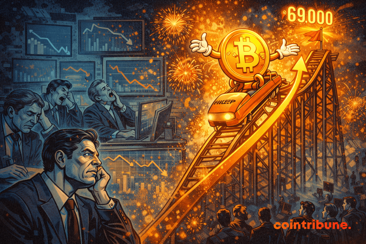 Des traders blasés devant des graphiques plats, tandis qu’un Bitcoin souriant grimpe une montagne russe vers 69 000, sous les feux d’artifice.