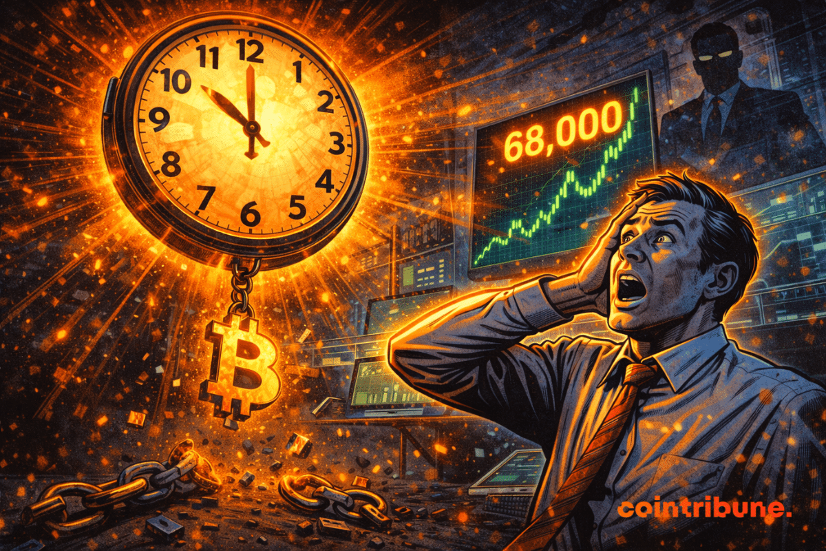 Giant clock displays 10:00, Bitcoin suspended intact, chain broken on the ground, trader stunned, chart climbs towards 68,000.