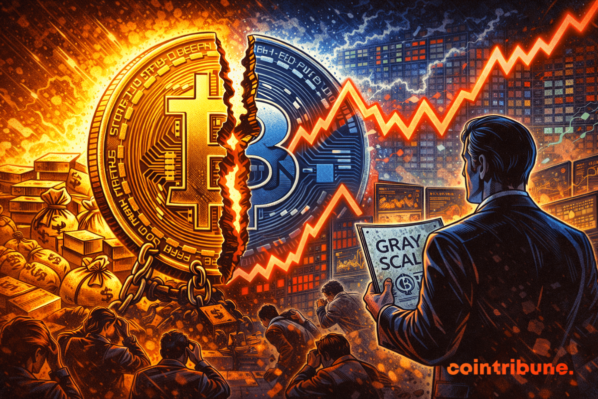 Bitcoin se fracture entre l’or et le marché volatile, tandis que Grayscale observe la transformation avec des graphiques en mouvement.