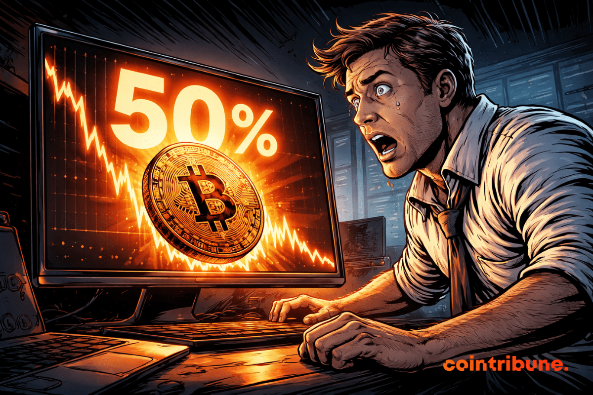 A shocked trader leans toward a glowing screen showing “50%” in bright orange as a cracked Bitcoin plunges against a collapsing chart in a dark comic-style office.