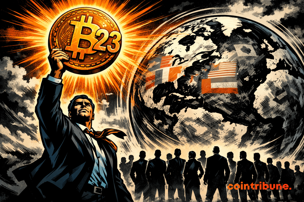 Un personnage de bande dessinée vêtu d'un costume sombre brandit une pièce Bitcoin lumineuse marquée du chiffre 23 devant un globe terrestre gigantesque, entouré de silhouettes gouvernementales fantomatiques sous une lumière orange dramatique.
