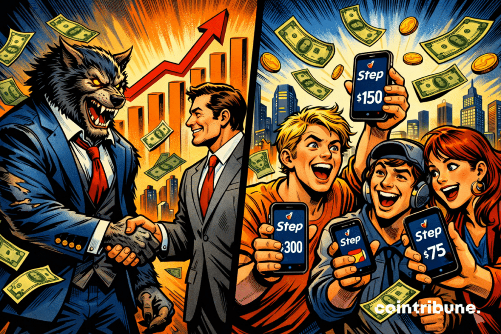 Un homme d'affaires loup-garou à l'allure bestiale, employé de Beast Industries, serre la main d'un humain, tandis que des adolescents célèbrent l'événement en utilisant des applications financières.