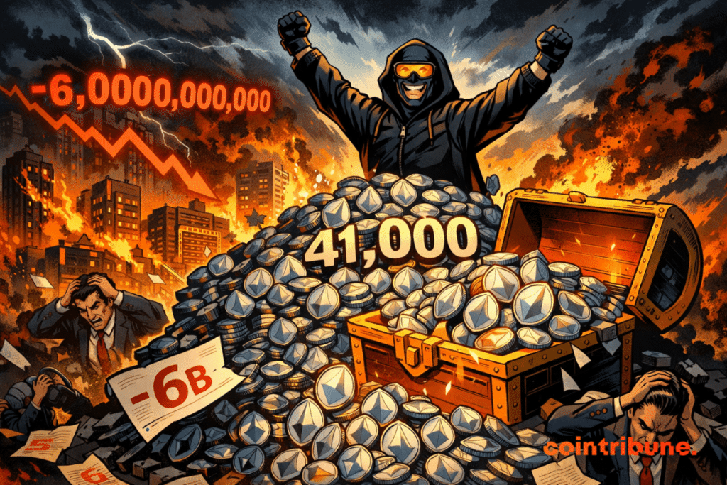 Mineur crypto masqué triomphant sur des ETH, tandis qu’un krach financier plonge la ville dans le chaos.