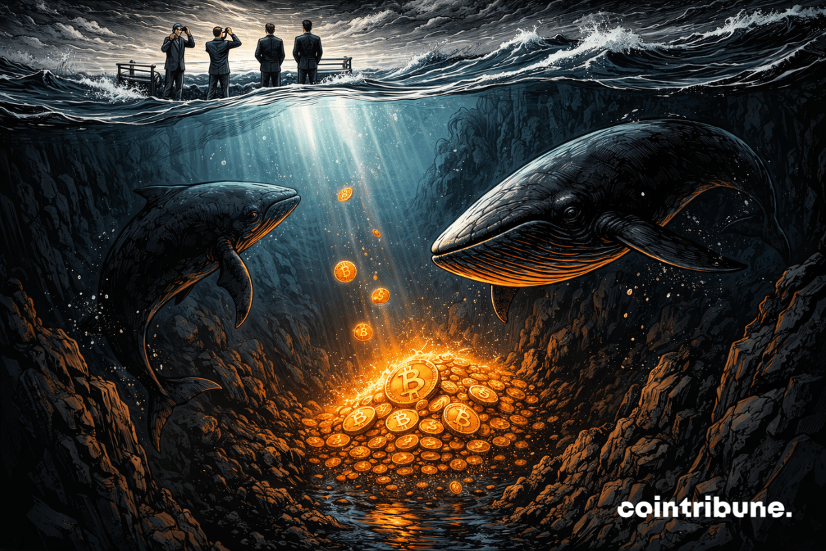 A massive pile of bright orange Bitcoins forms a true glowing treasure. The orange light illuminates the rocky walls and creates a vertical halo rising toward the surface. Two massive whales slowly circle the pile.