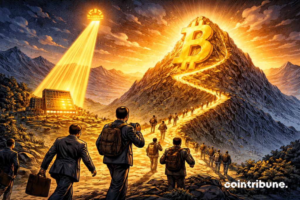 Une lumière projetée depuis un bâtiment Binance au sol illumine un sentier en virage qui grimpe jusqu’au sommet portant un Bitcoin.