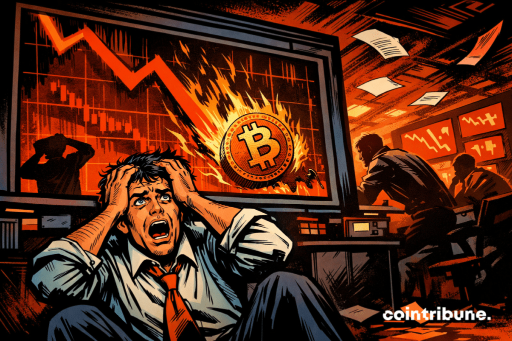 A trader panics in the face of Bitcoin's rapid fall.