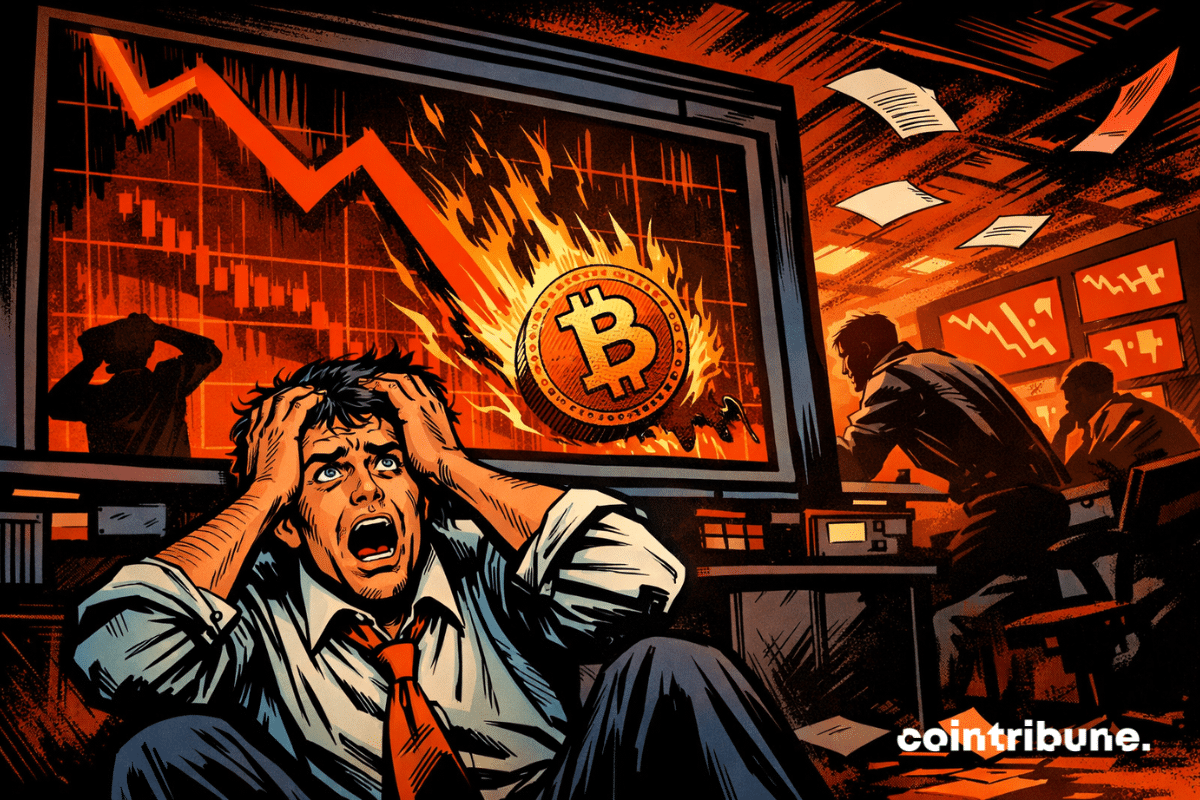 A trader panics in the face of Bitcoin's rapid fall.