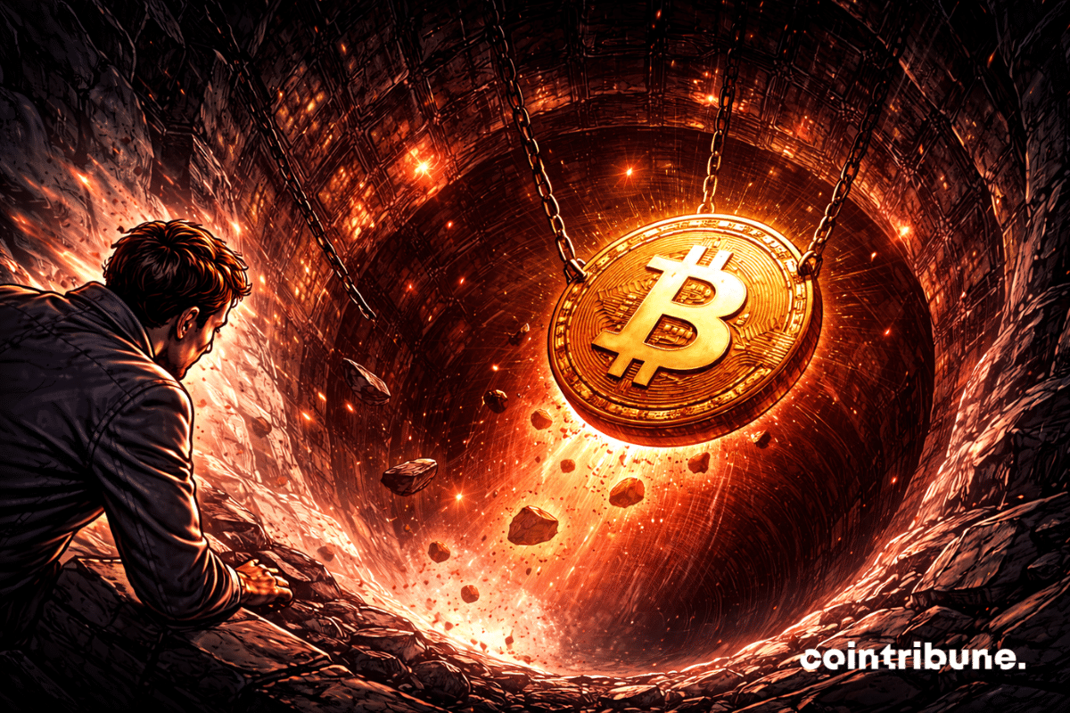 Un puits profond dans lequel le logo du Bitcoin est suspendu à mi-parcours, éclairé faiblement par une lumière rouge.