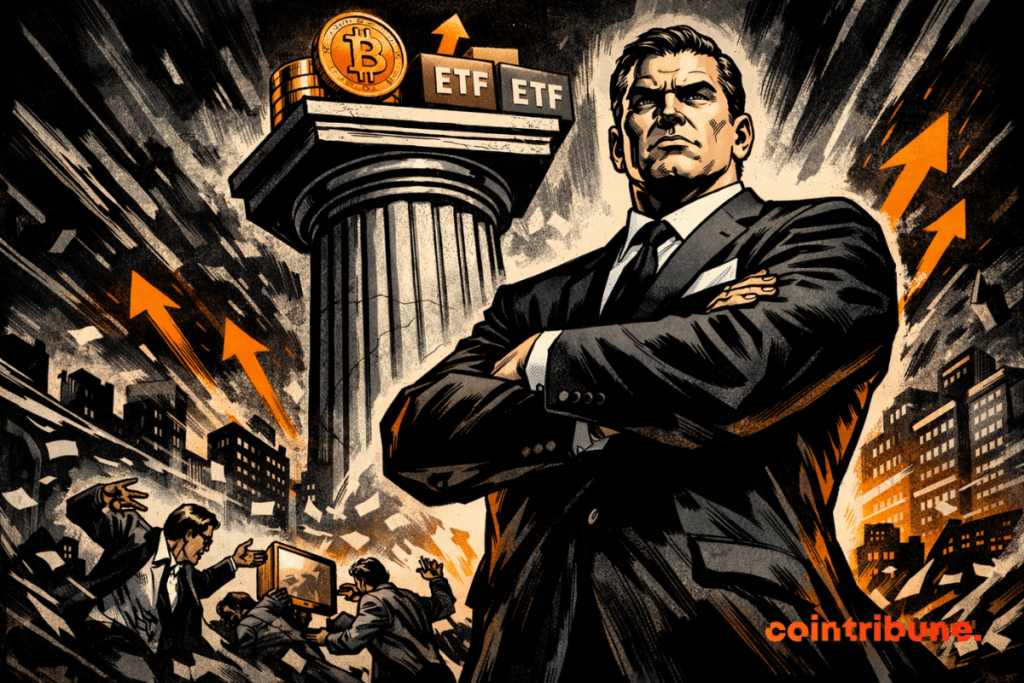 A powerful suited figure stands with arms crossed beside a massive pillar topped with Bitcoin and ETF symbols, while chaotic traders and rising orange arrows fill a stormy financial backdrop.