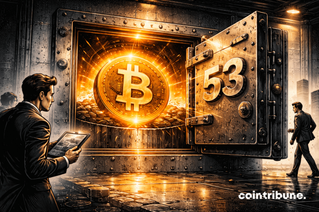 Un coffre-fort géant ouvert laisse apparaître un Bitcoin lumineux. Des silhouettes de traders s’éloignent avec de petites pièces (retraits), mais le coffre reste plein.
