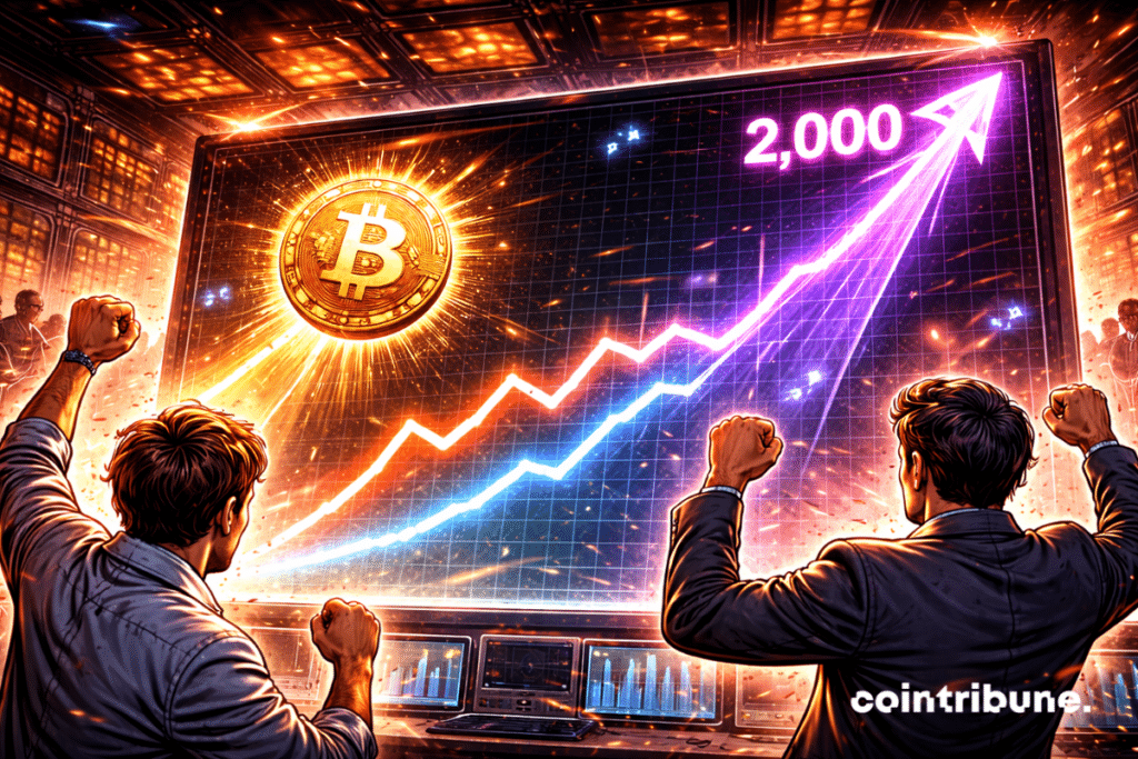 Un graphique ascendant avec le Bitcoin et l’Ether montant sur deux courbes distinctes, les niveaux « 70 000 » et « 2000 » illuminés.
