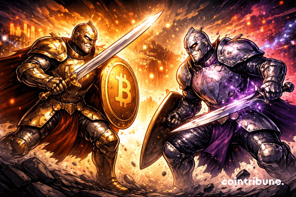 Dos caballeros cripto en un duelo medieval tecnológico: un Caballero Bitcoin con armadura dorada intacta y un Caballero Ethereum con armadura violeta agrietada en el pecho, retrocediendo.